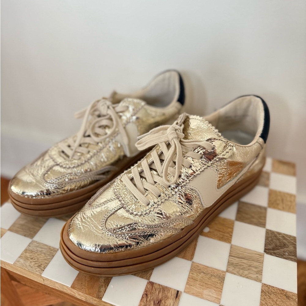 Gold Platinum Dolce Vita Platform Distressed Leather Sneakers